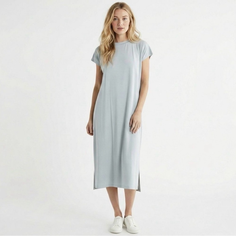 Eileen Fisher Blue Boxy Fit Crewneck Cap Sleeve Dress SP Midi Sheath NWT